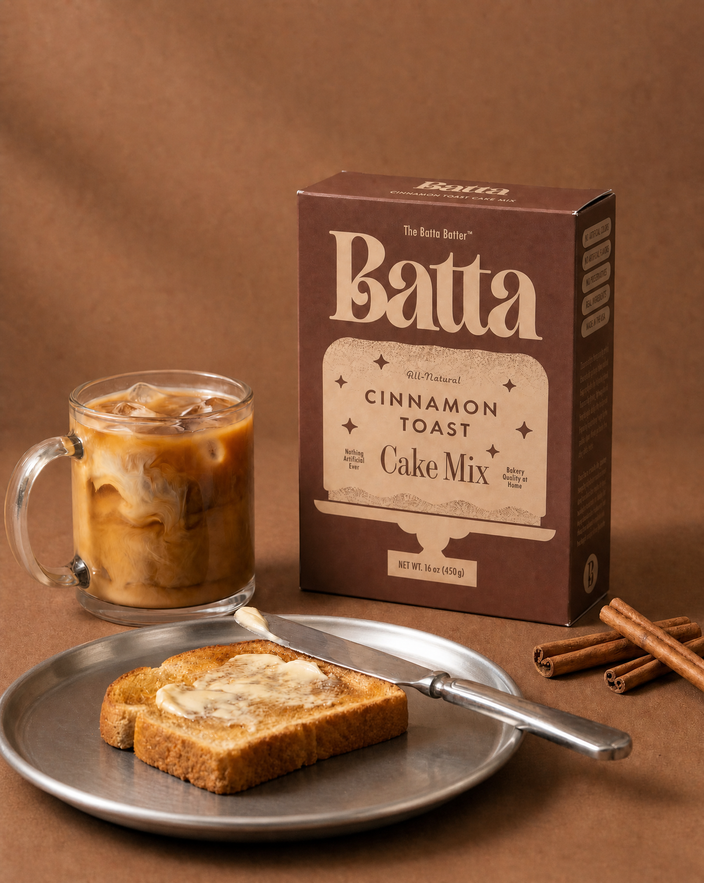 Batta all-natural cinnamon toast cake mix box with clean ingredient label — better cake mix and gifts for home bakers