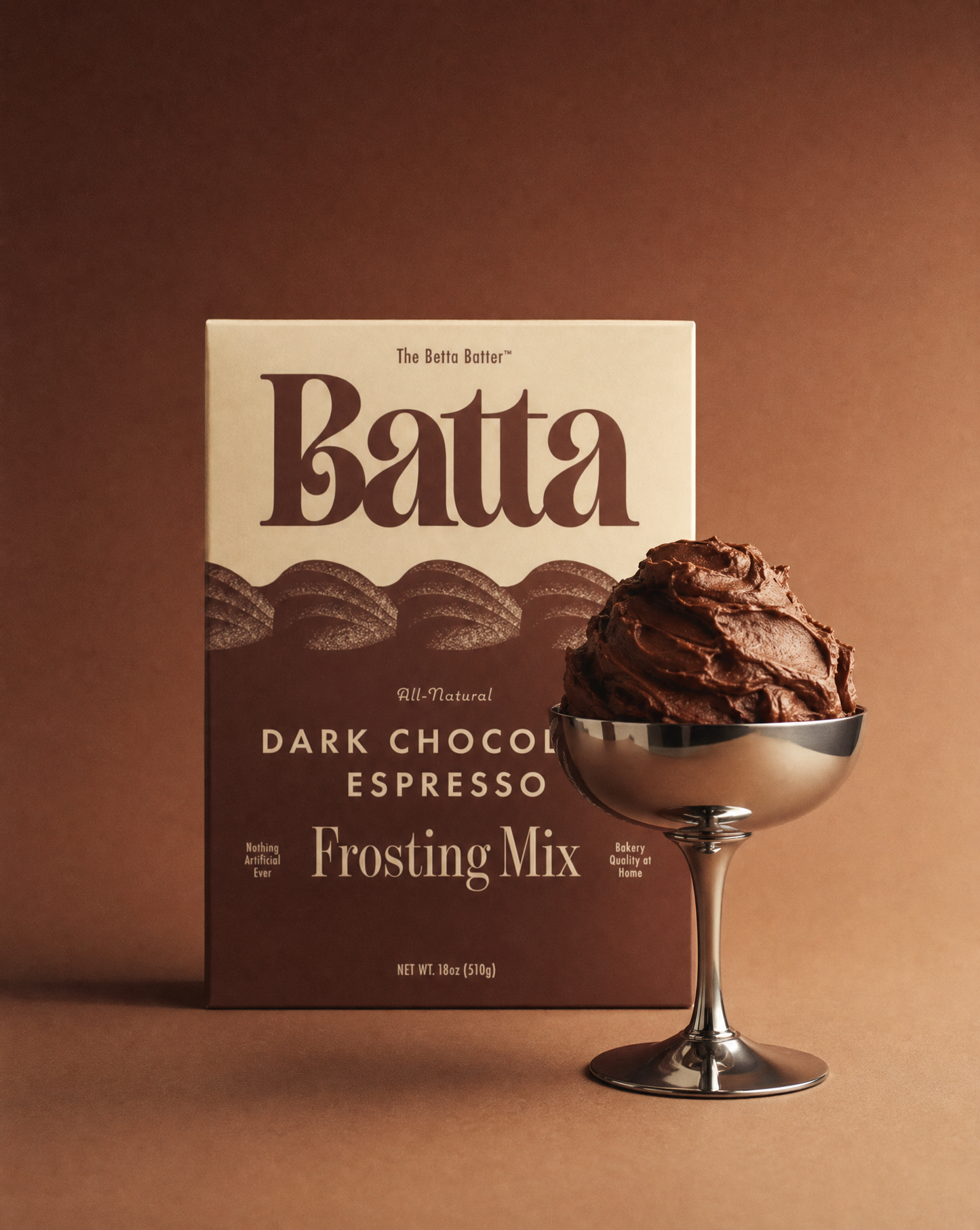 Batta all-natural dark chocolate espresso frosting mix box with clean ingredient label — better cake mix and gifts for home bakers