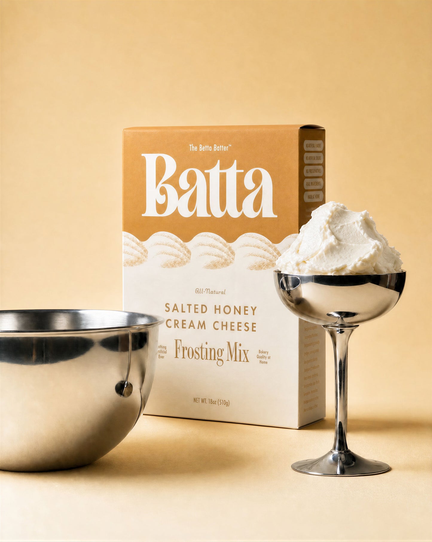 Batta all-natural salted honey cream cheese frosting mix box with clean ingredient label — better cake mix and gifts for home bakers