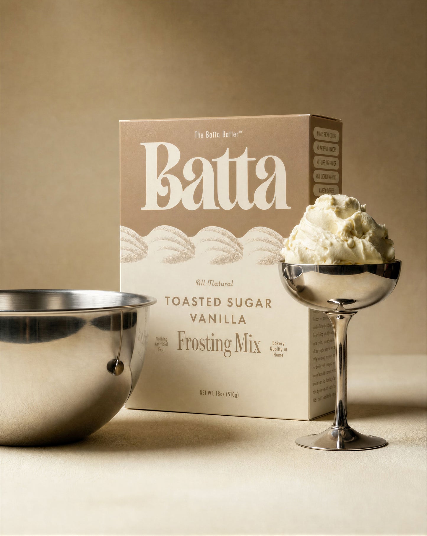 Batta all-natural toasted sugar vanilla frosting mix box with clean ingredient label — better cake mix and gifts for home bakers