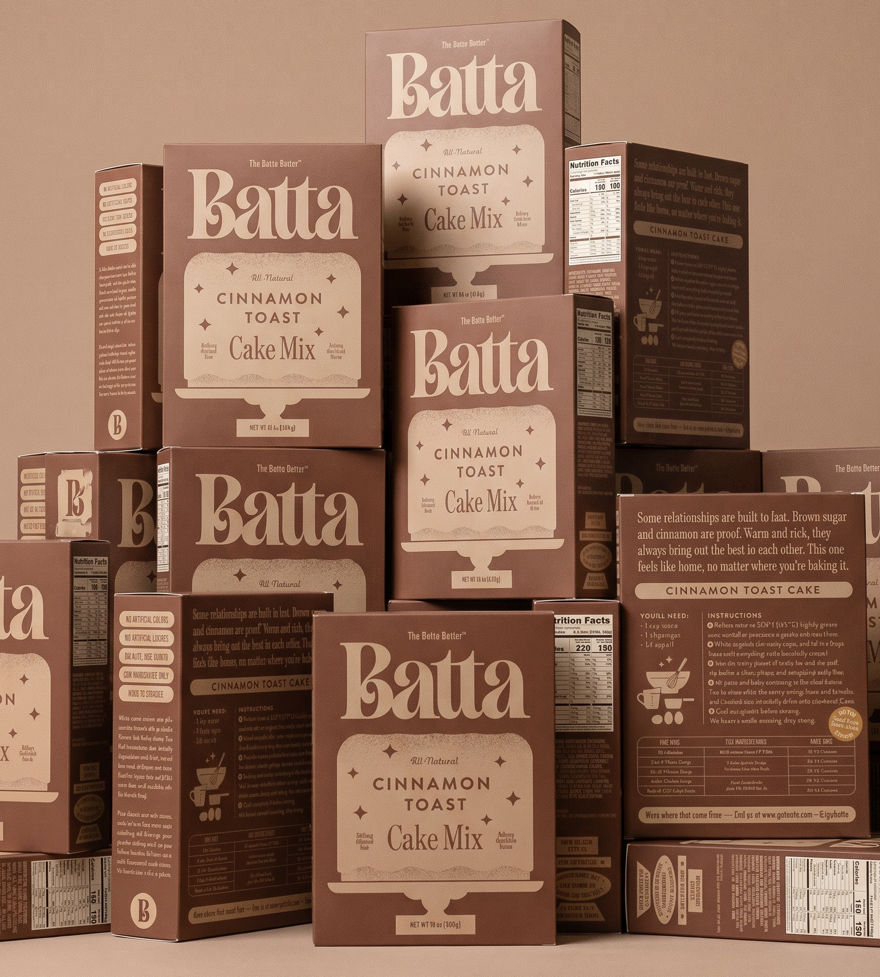 Stack of Batta Cinnamon Toast Cake Mix boxes on a beige background. Batta all-natural cake and frosting mixes - gourmet gifts for bakers, moms, foodies