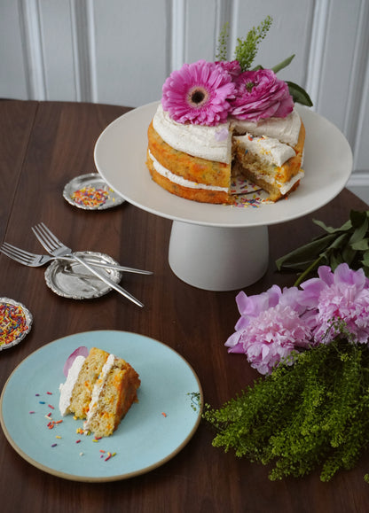 Batta confetti cake made with all natural cake mix, topped with Batta toasted sugar vanilla frosting
