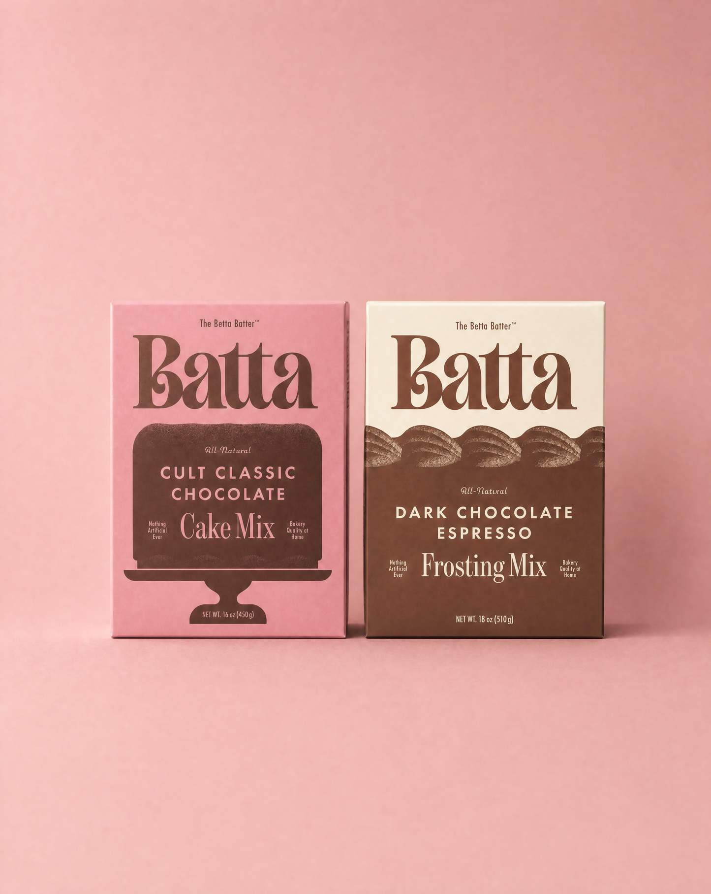 Batta all-natural cult classic chocolate cake mix and dark chocolate espresso frosting mix boxes with clean ingredient label — better cake mix and gifts for home bakers