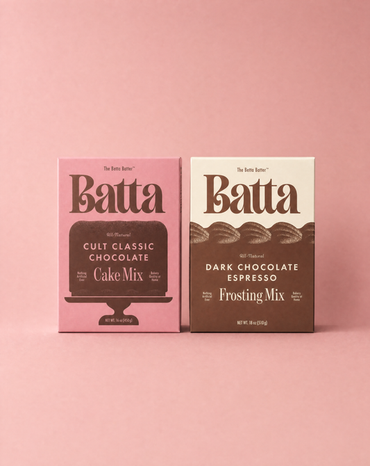 Batta all-natural cult classic chocolate cake mix and dark chocolate espresso frosting mix boxes with clean ingredient label — better cake mix and gifts for home bakers