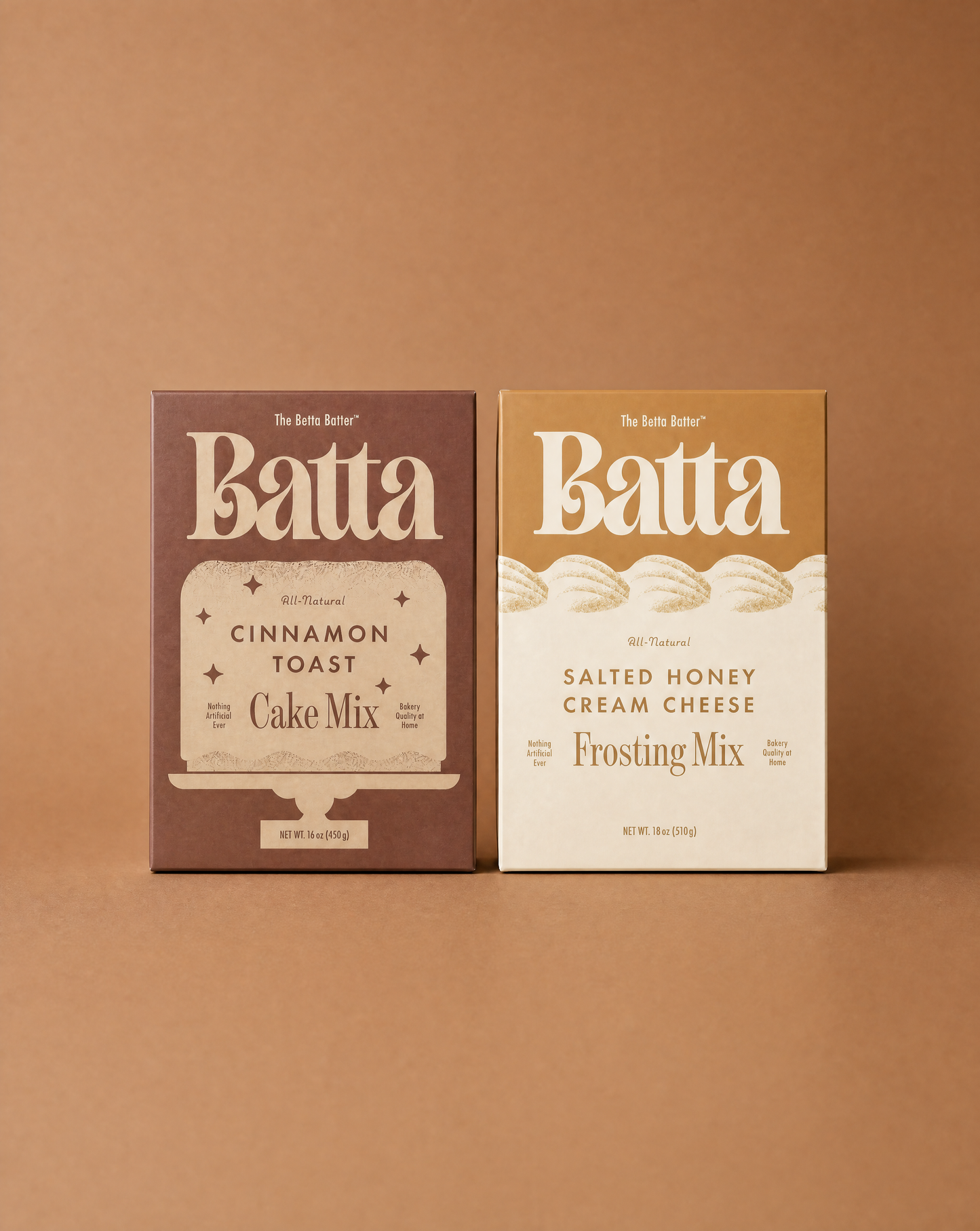 Batta all-natural cinnamon toast cake mix and salted honey cream cheese frosting mix box with clean ingredient label — better cake mix and gifts for home bakers
