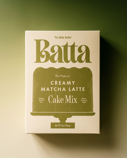 Batta all-natural creamy matcha latte cake mix box with clean ingredient label — better cake mix and gifts for home bakers and moms
