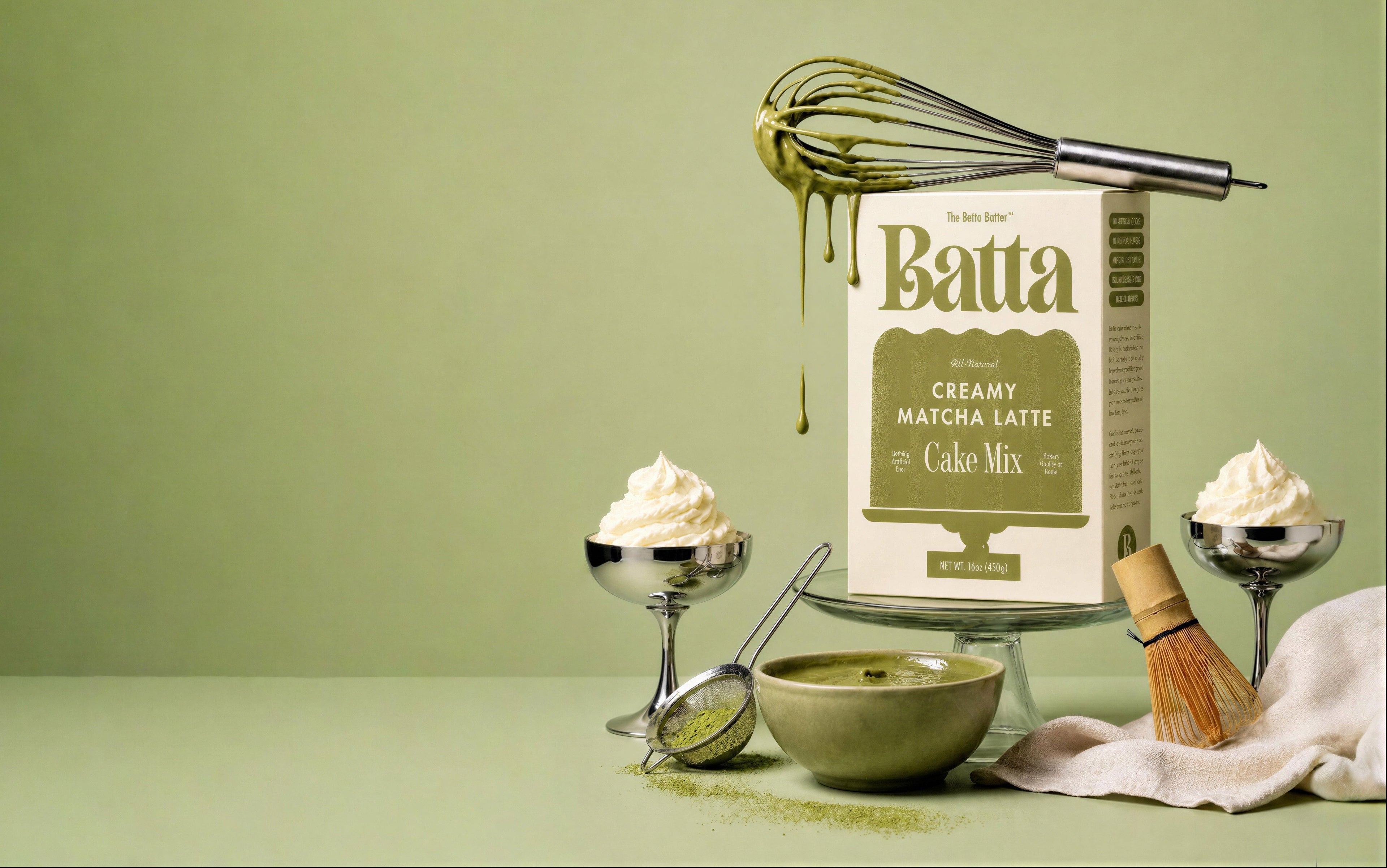 Batta Matcha Latte cake Mix packaging with a bowl of matcha latte and whipped cream on a green background. Batta all-natural cake and frosting mixes - gourmet gifts for bakers, moms, foodies