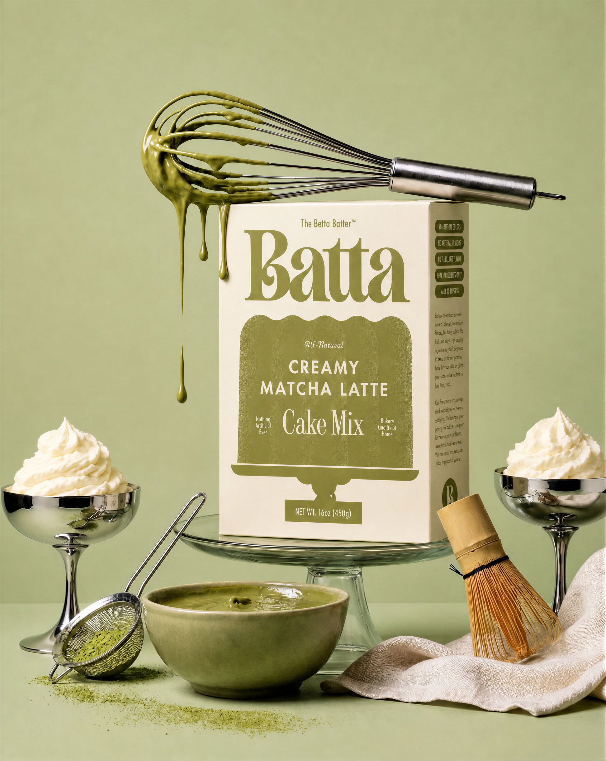 Batta all-natural creamy matcha latte cake mix box with clean ingredient label — better cake mix and gifts for home bakers and moms