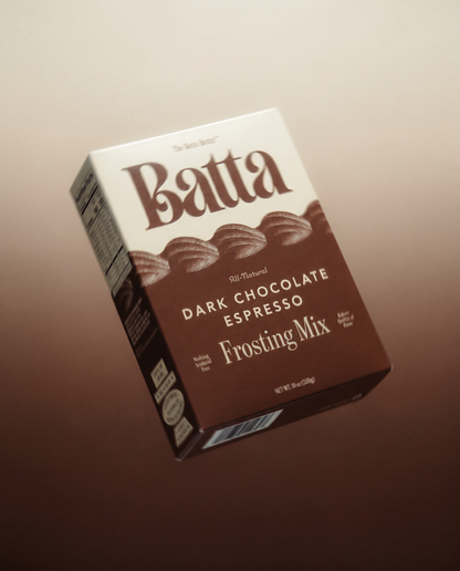 Batta all-natural dark chocolate espresso frosting mix box with clean ingredient label — better cake mix and gifts for home bakers