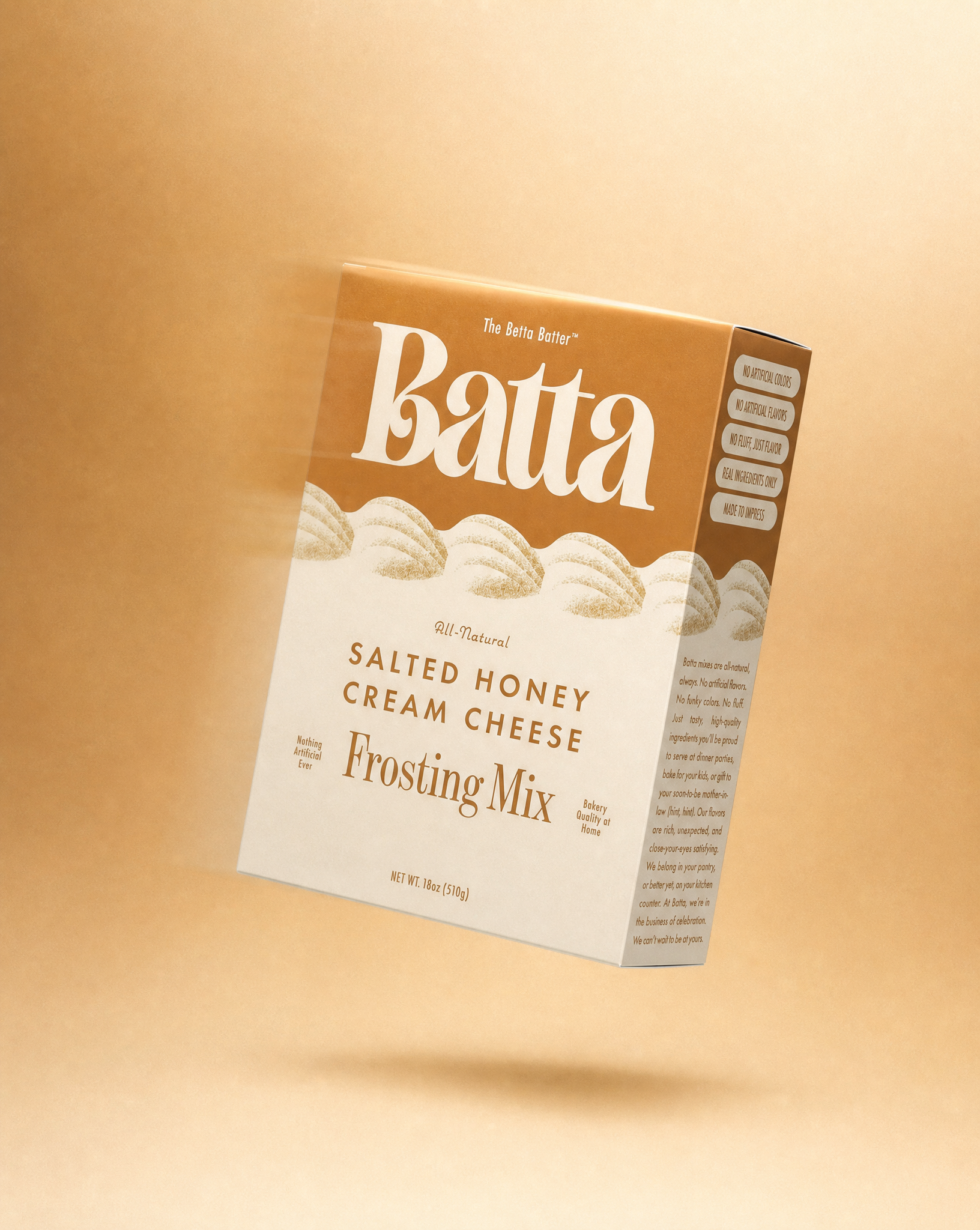 Batta all-natural salted honey cream cheese frosting mix box with clean ingredient label — better cake mix and gifts for home bakers