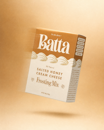Batta all-natural salted honey cream cheese frosting mix box with clean ingredient label — better cake mix and gifts for home bakers