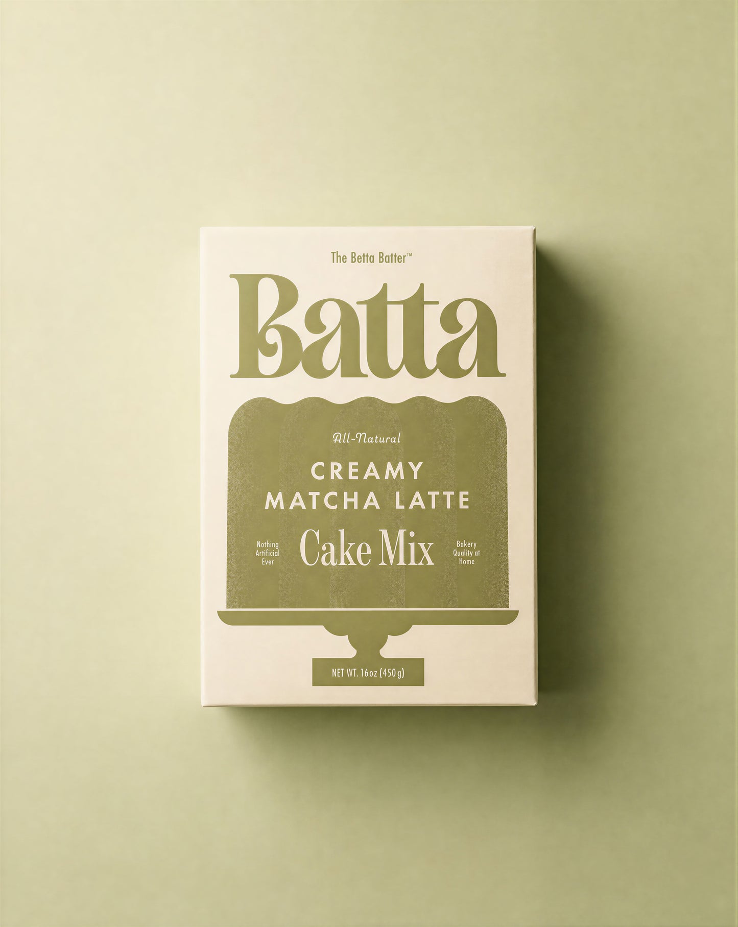 Batta all-natural creamy matcha latte cake mix box with clean ingredient label — better cake mix and gifts for home bakers and moms
