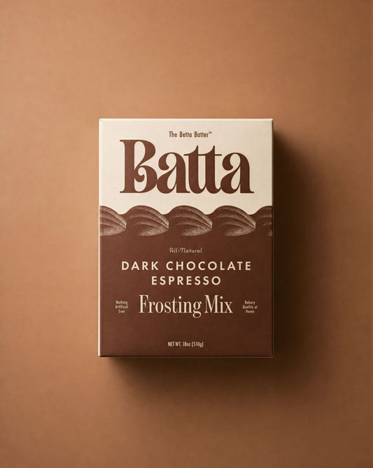 Batta all-natural dark chocolate espresso frosting mix box with clean ingredient label — better cake mix and gifts for home bakers