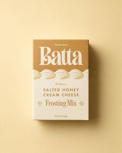 Batta all-natural salted honey cream cheese frosting mix box with clean ingredient label — better cake mix and gifts for home bakers