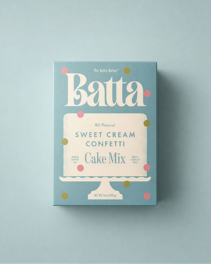 Batta Sweet Cream Confetti Cake Mix box on a light blue background. Batta all-natural cake and frosting mixes - gourmet gifts for bakers, moms, foodies