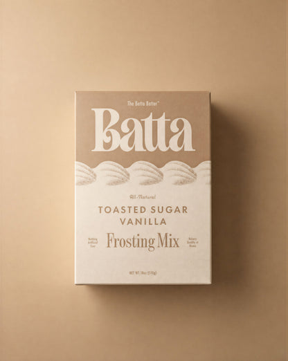 Batta all-natural toasted sugar vanilla frosting mix box with clean ingredient label — better cake mix and gifts for home bakers