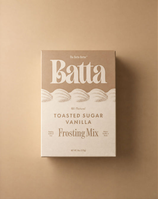 Batta all-natural toasted sugar vanilla frosting mix box with clean ingredient label — better cake mix and gifts for home bakers