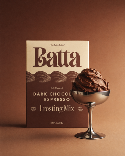 Batta all-natural dark chocolate espresso frosting mix box with clean ingredient label — better cake mix and gifts for home bakers