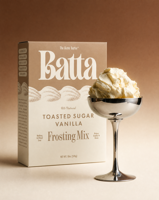 Batta all-natural toasted sugar vanilla frosting mix box with clean ingredient label — better cake mix and gifts for home bakers