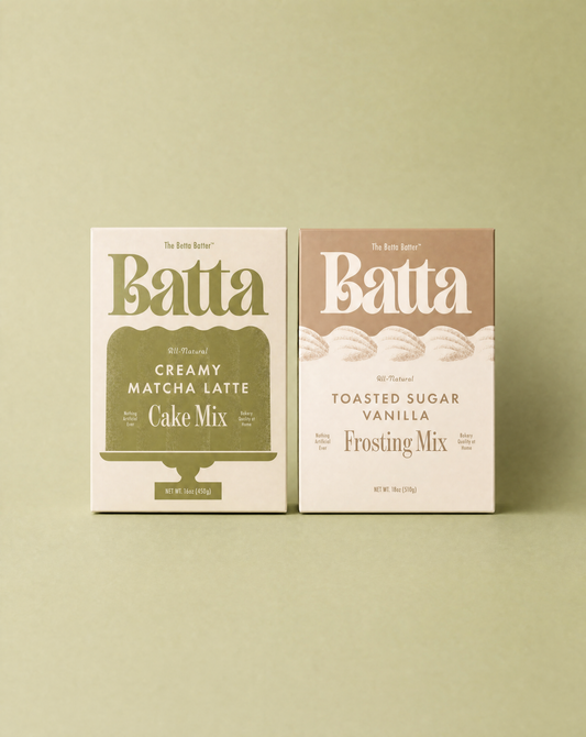 Batta all-natural creamy matcha latte cake mix box with clean ingredient label — better cake mix and gifts for home bakers