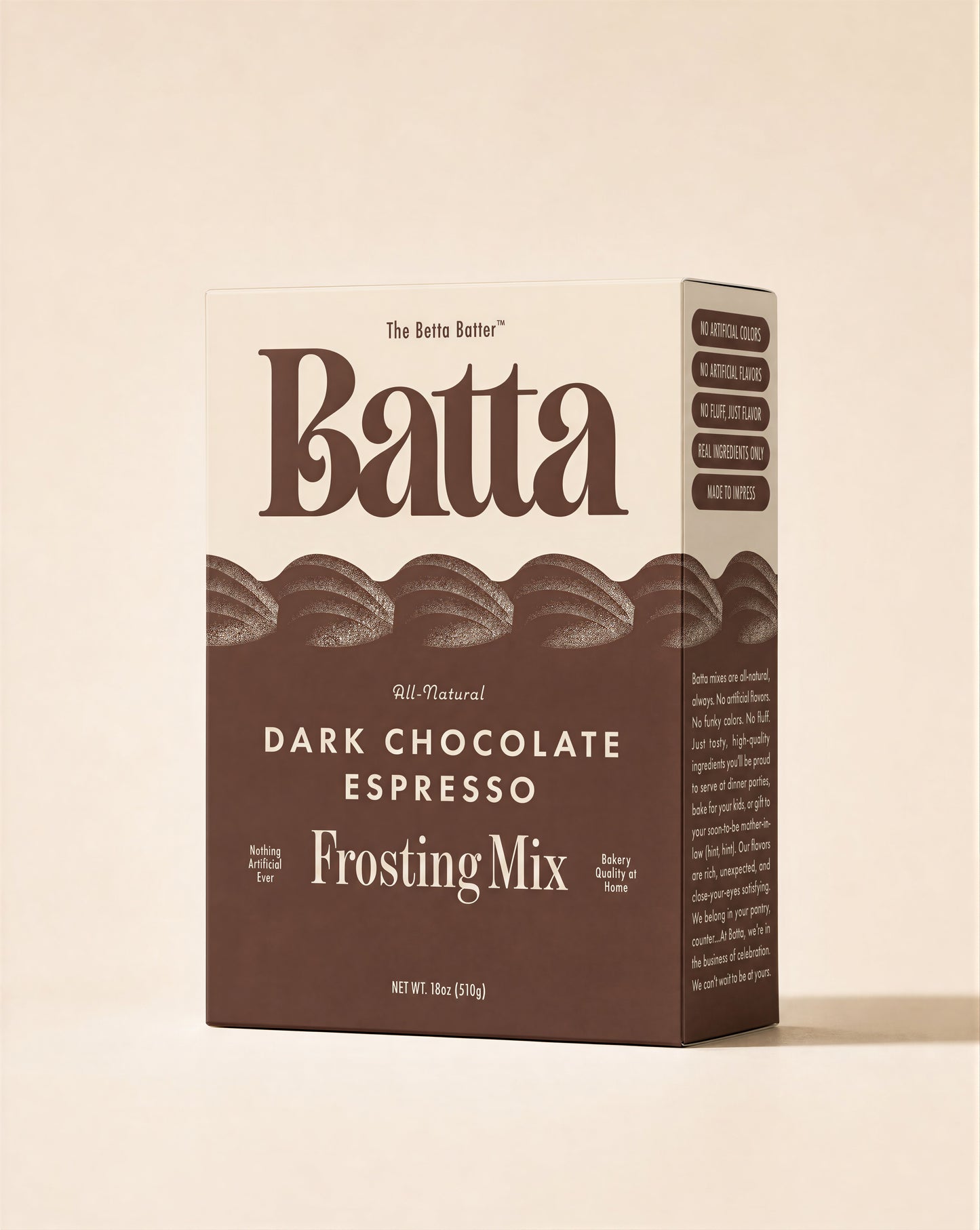 Batta all-natural dark chocolate espresso frosting mix box with clean ingredient label — better cake mix and gifts for home bakers