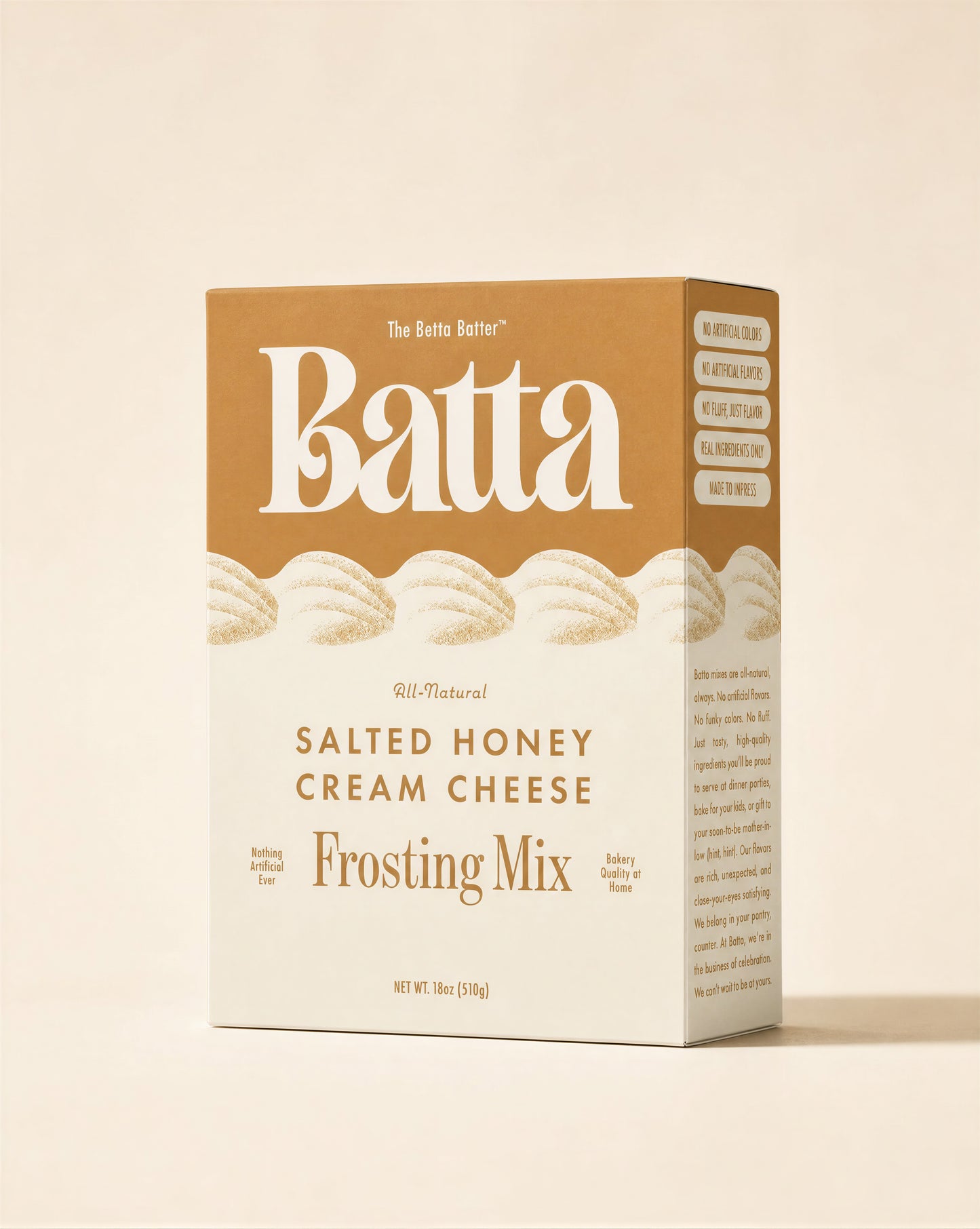 Batta all-natural salted honey cream cheese frosting mix box with clean ingredient label — better cake mix and gifts for home bakers