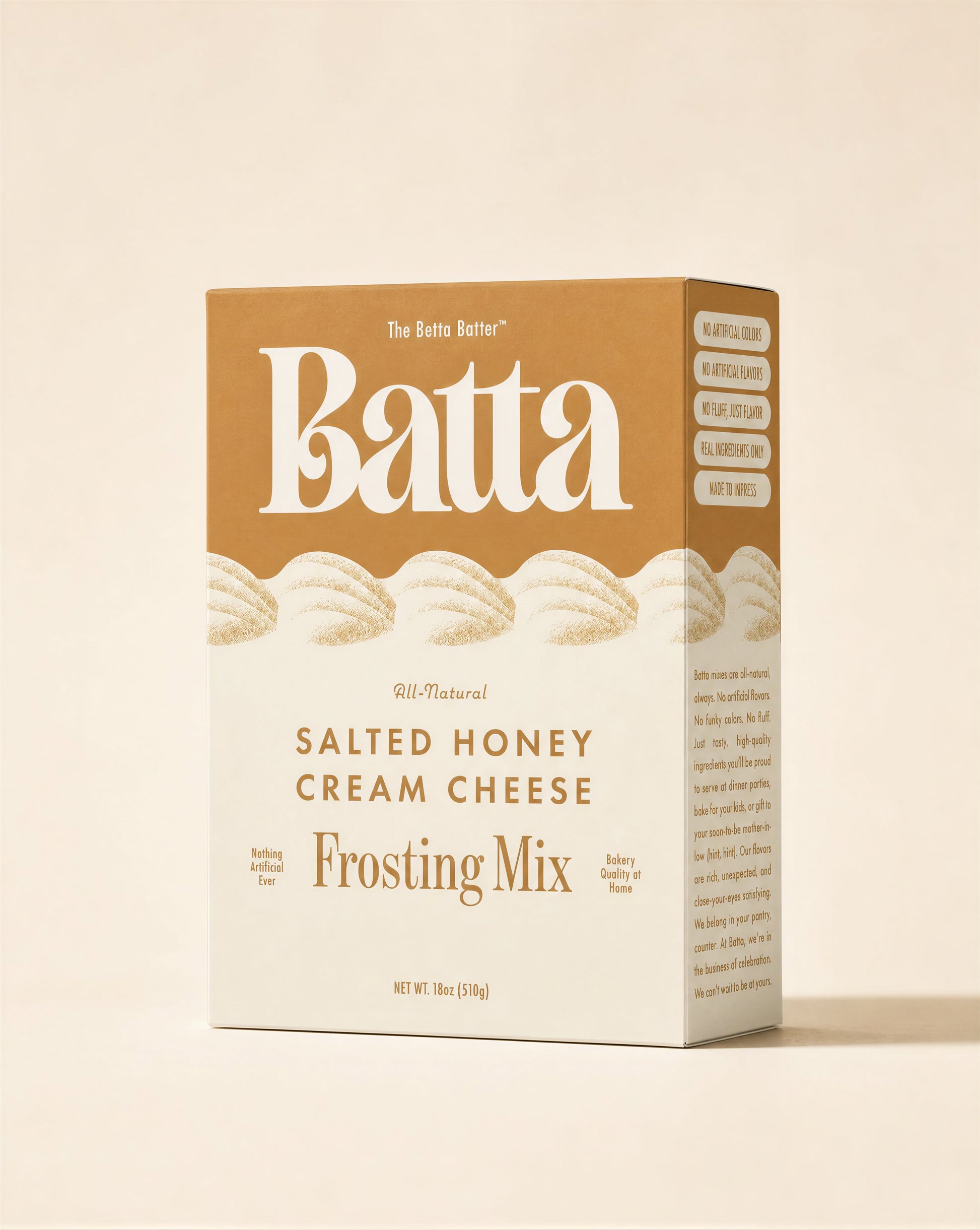 Batta all-natural salted honey cream cheese frosting mix box with clean ingredient label — better cake mix and gifts for home bakers