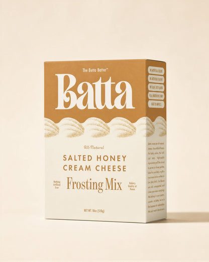 Batta all-natural salted honey cream cheese frosting mix box with clean ingredient label — better cake mix and gifts for home bakers