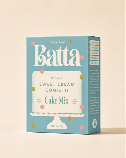 Batta all-natural sweet cream confetti cake mix box with clean ingredient label — better cake mix and gifts for home bakers