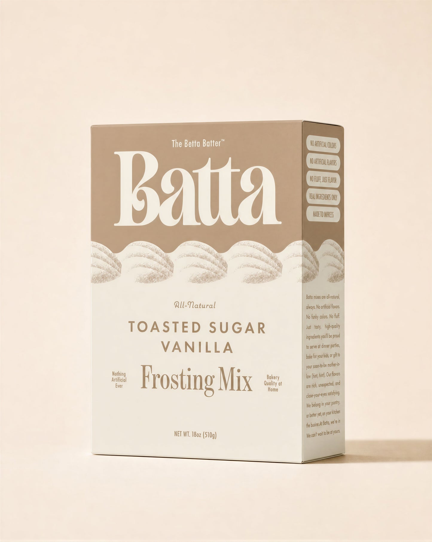 Batta all-natural toasted sugar vanilla frosting mix box with clean ingredient label — better cake mix and gifts for home bakers
