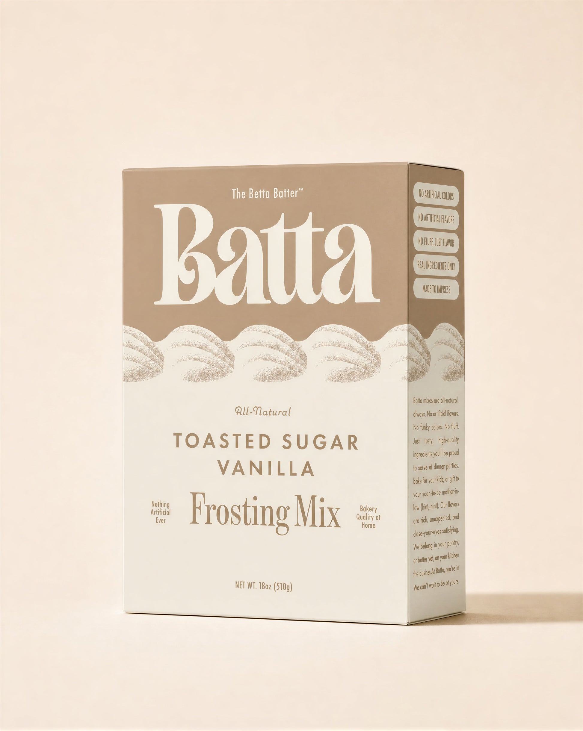 Batta all-natural toasted sugar vanilla frosting mix box with clean ingredient label — better cake mix and gifts for home bakers