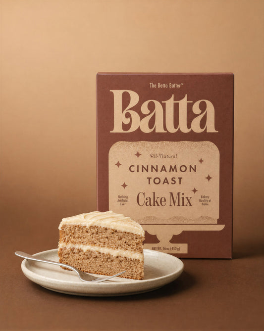 Batta all-natural cinnamon toast cake mix box with clean ingredient label — better cake mix and gifts for home bakers