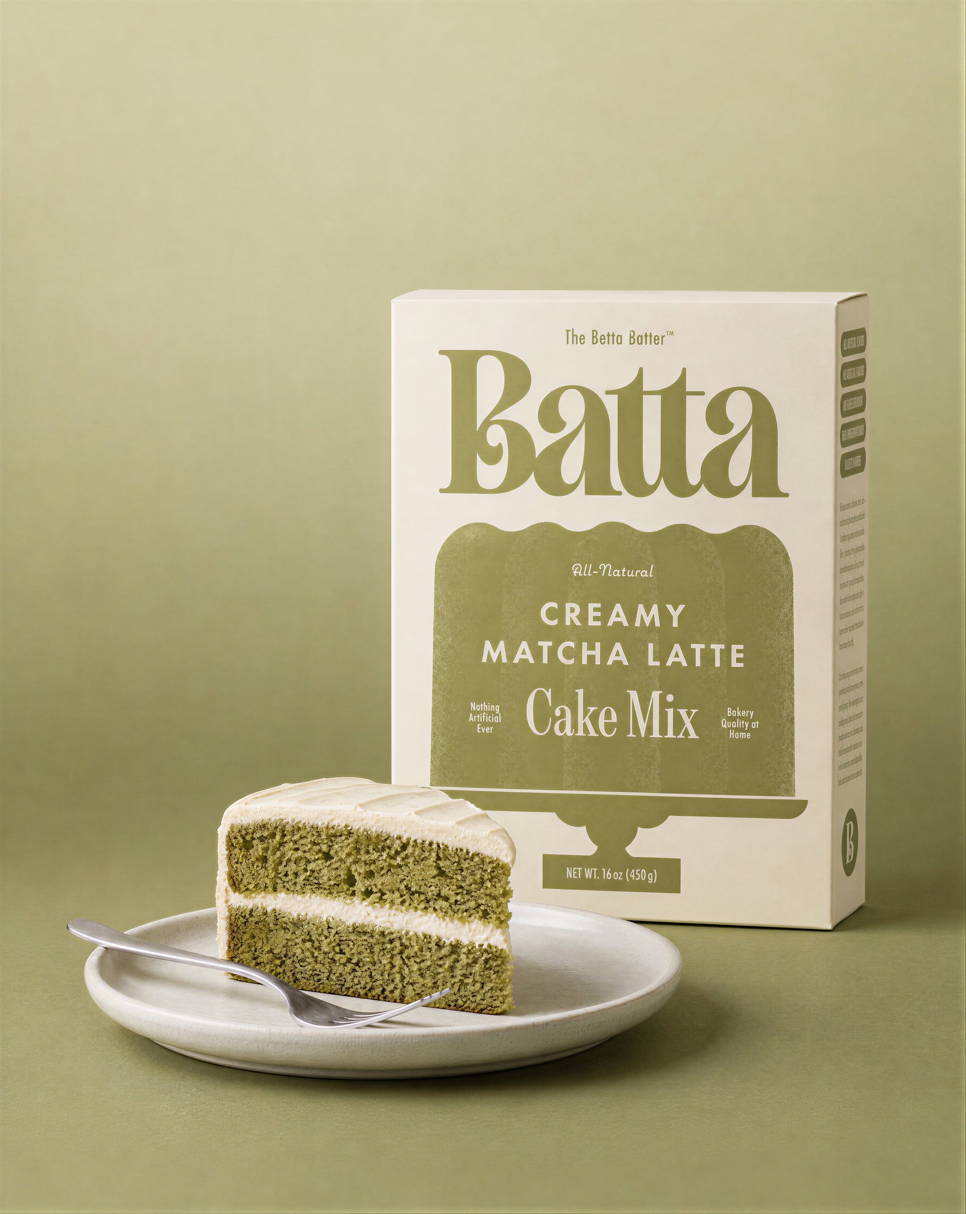 Batta all-natural creamy matcha latte cake mix box with clean ingredient label — better cake mix and gifts for home bakers