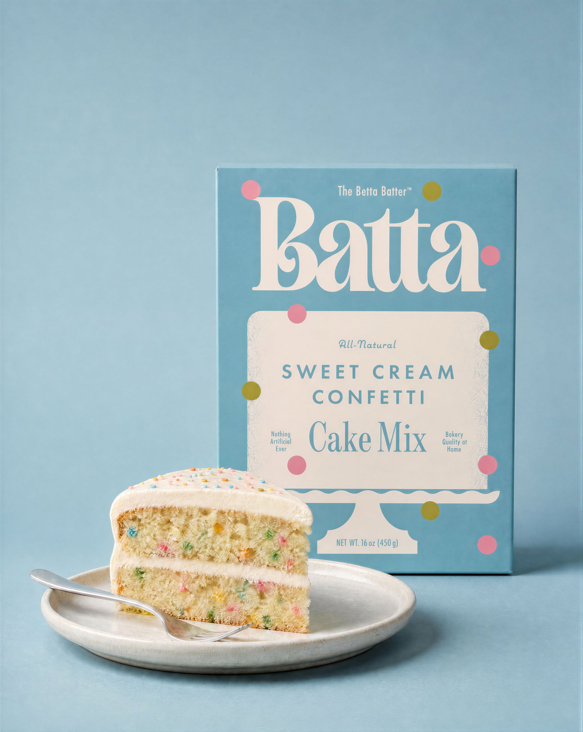 Batta all-natural sweet cream confetti cake mix box with clean ingredient label — better cake mix and gifts for home bakers