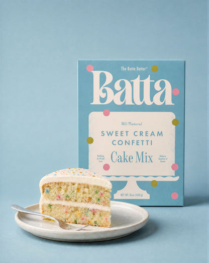Batta all-natural sweet cream confetti cake mix box with clean ingredient label — better cake mix and gifts for home bakers