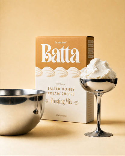 Batta all-natural salted honey cream cheese frosting mix box with clean ingredient label — better cake mix and gifts for home bakers